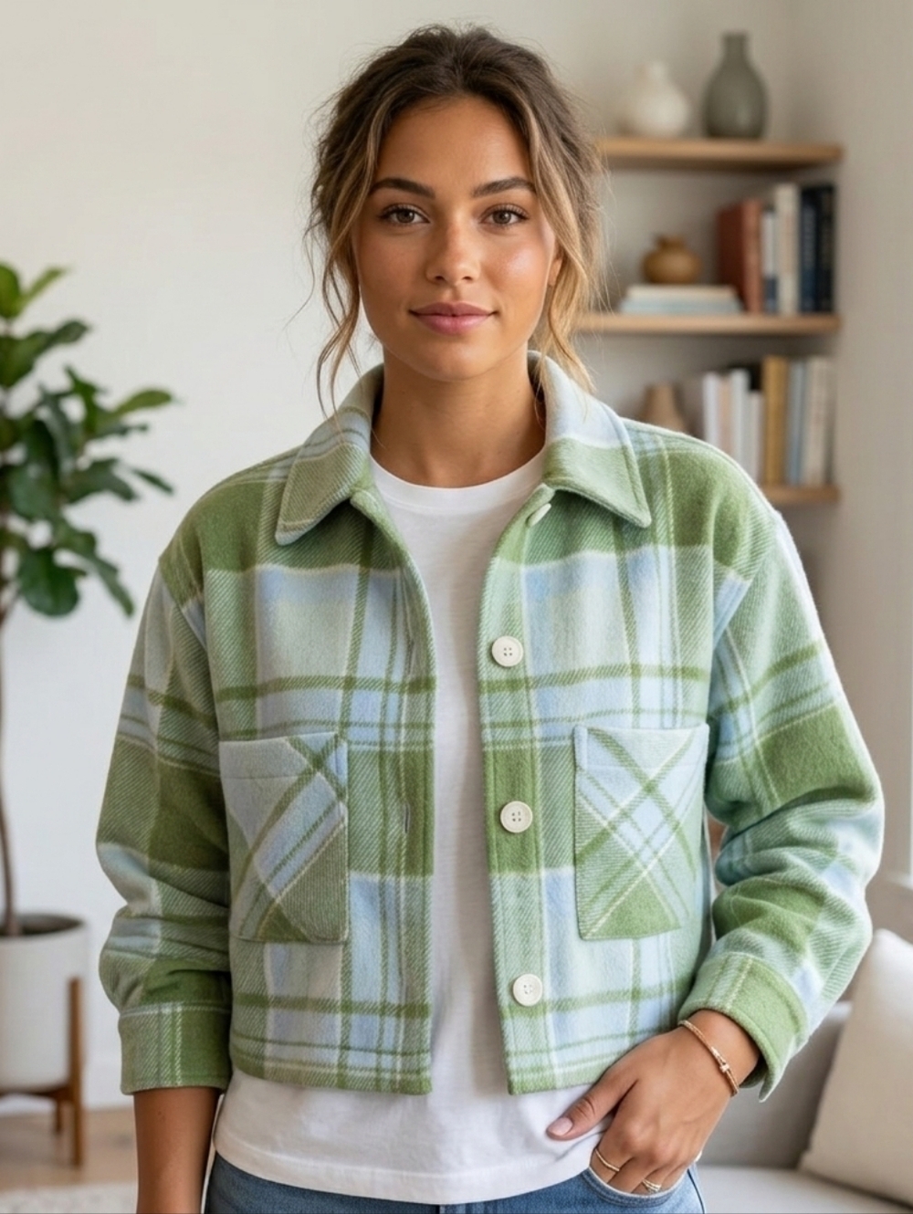 For The Republic Womens Small Cropped Jacket Shacket Green Plaid Outdoor Button
